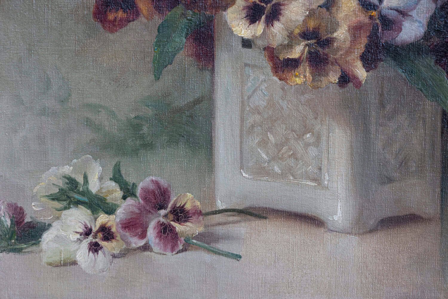 French Framed Oil on Board Still-Life Painting Depicting Pansies, 19th Century - JAA