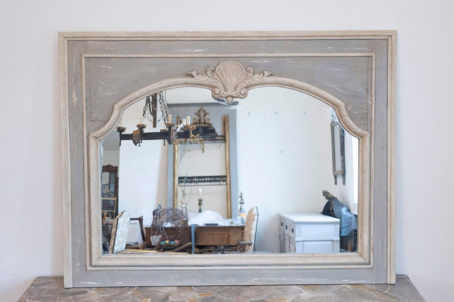 Pair of French Louis XV Style 1890s Painted Wood Horizontal Shell-Carved Mirrors - JAA