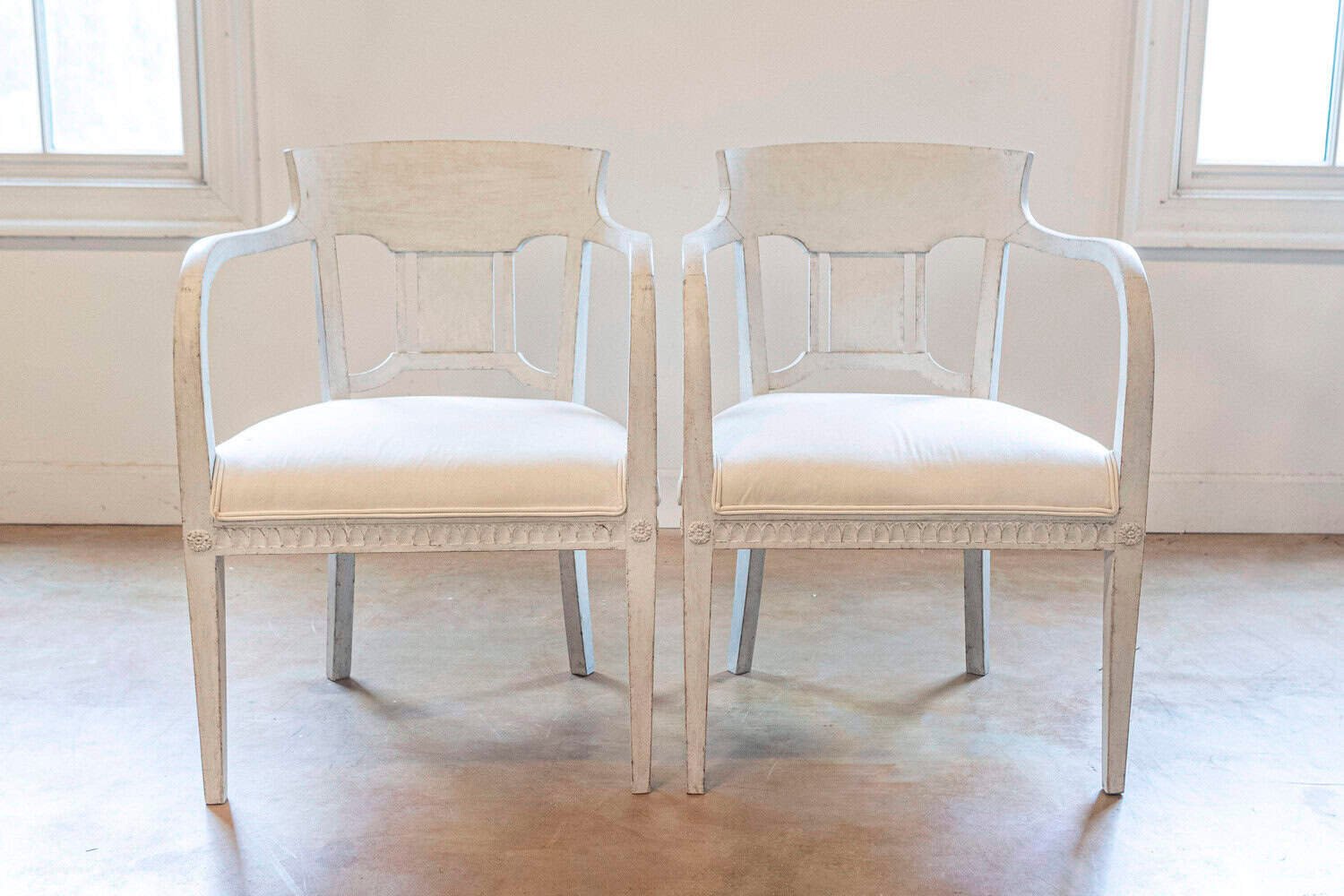 Pair of 1870s Swedish Painted Wood Neoclassical Style Upholstered Armchairs - JAA