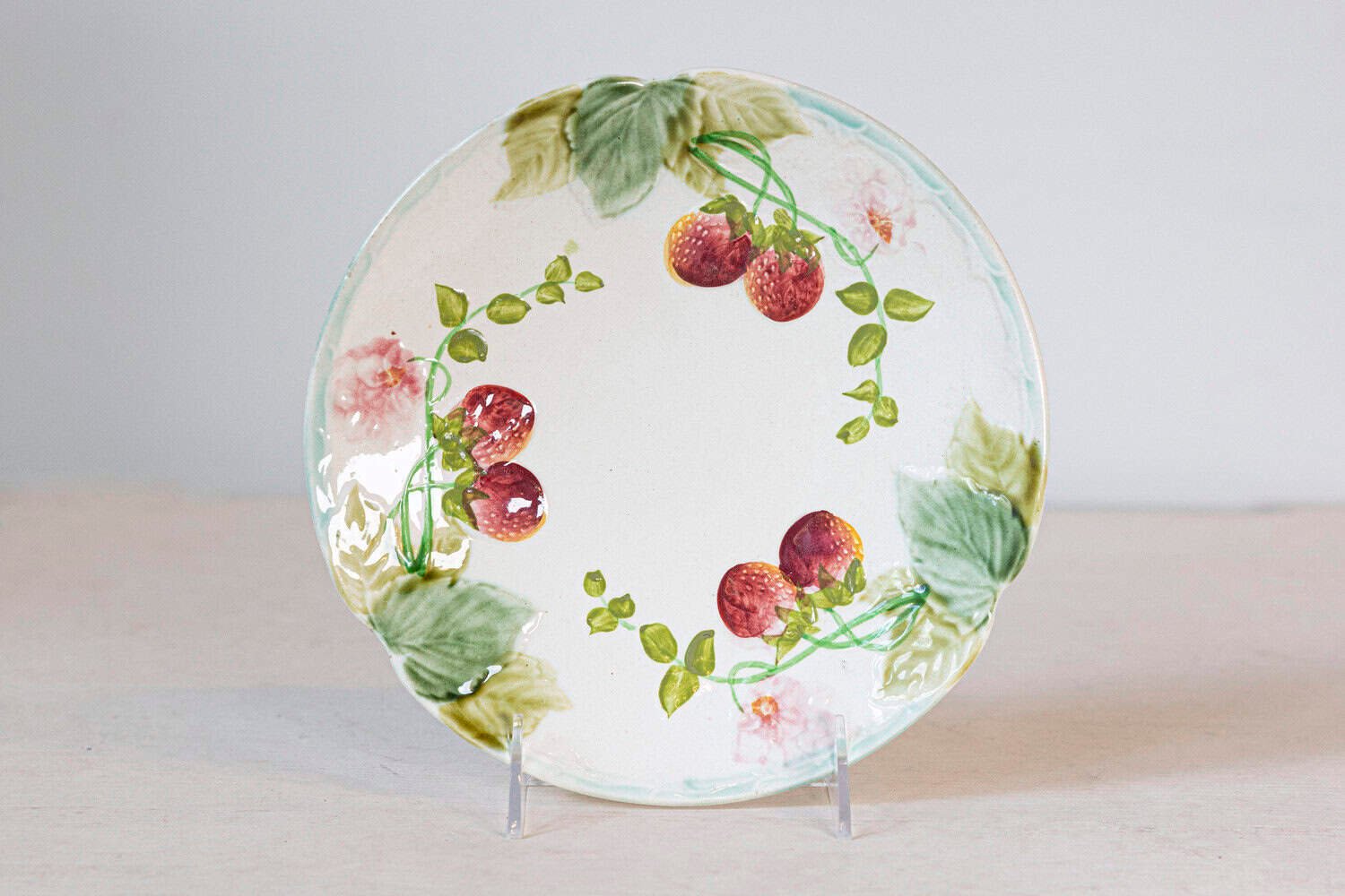 (5) French Choisy-le-Roi 19th Century Majolica Strawberry Plates with Foliage - JAA