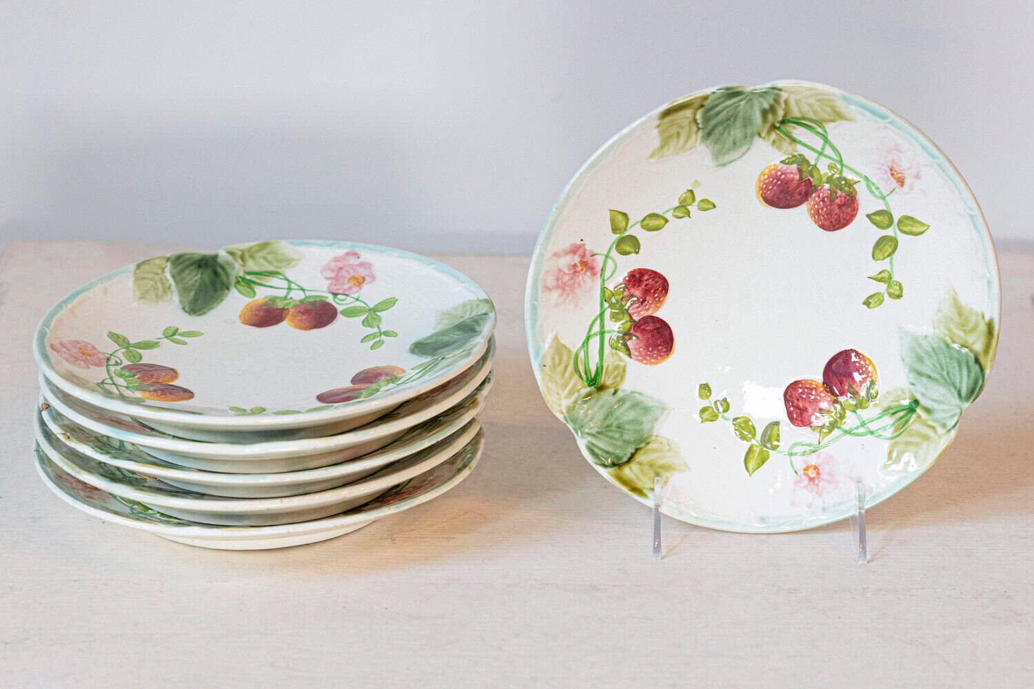 (5) French Choisy-le-Roi 19th Century Majolica Strawberry Plates with Foliage - JAA