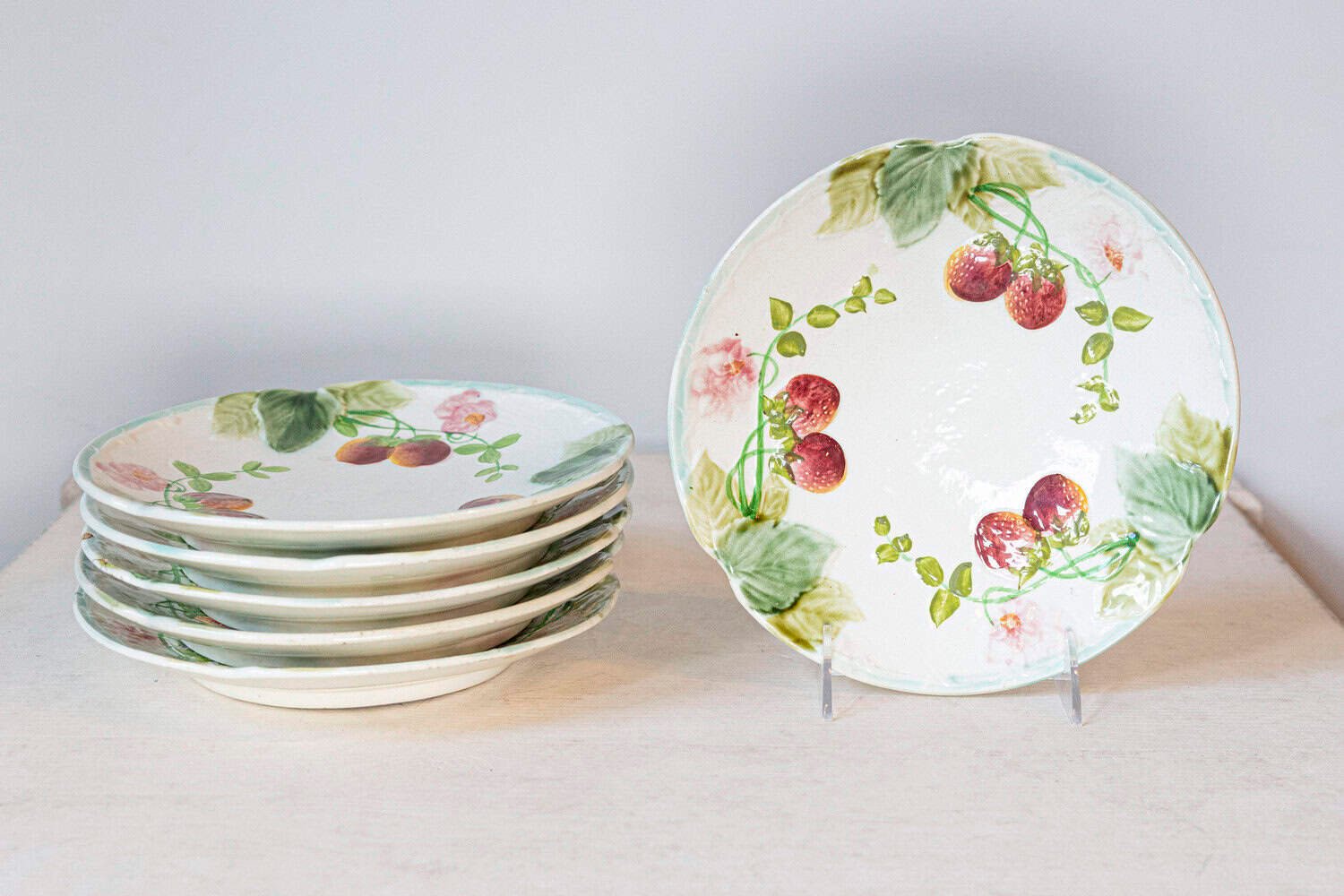 (5) French Choisy-le-Roi 19th Century Majolica Strawberry Plates with Foliage - JAA