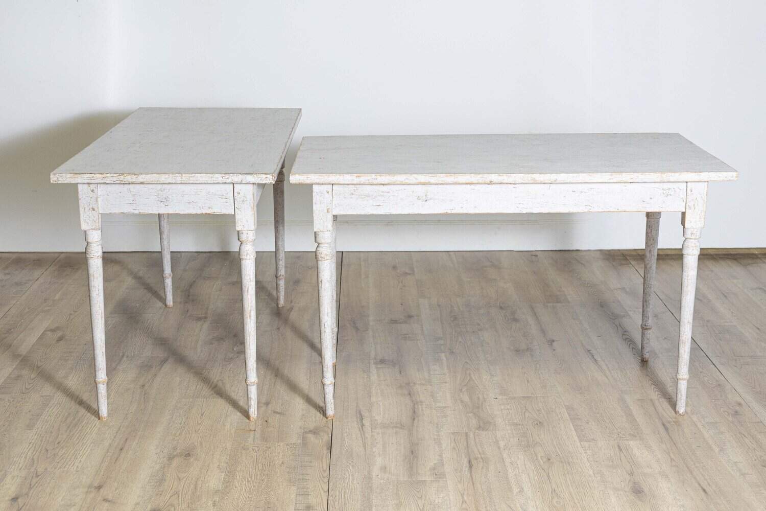 Pair of Swedish 1840s Light Gray Painted Side Tables with Distressed Finish - JAA