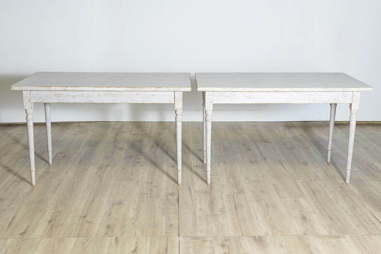 Pair of Swedish 1840s Light Gray Painted Side Tables with Distressed Finish - JAA