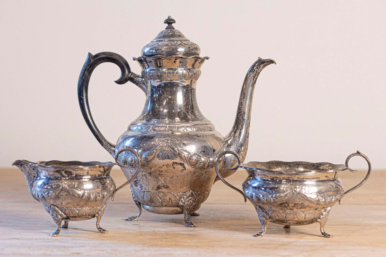 Danish 1930s Johannes Siggaard Three-Piece Silver Coffee Set with Ebony Handle - JAA