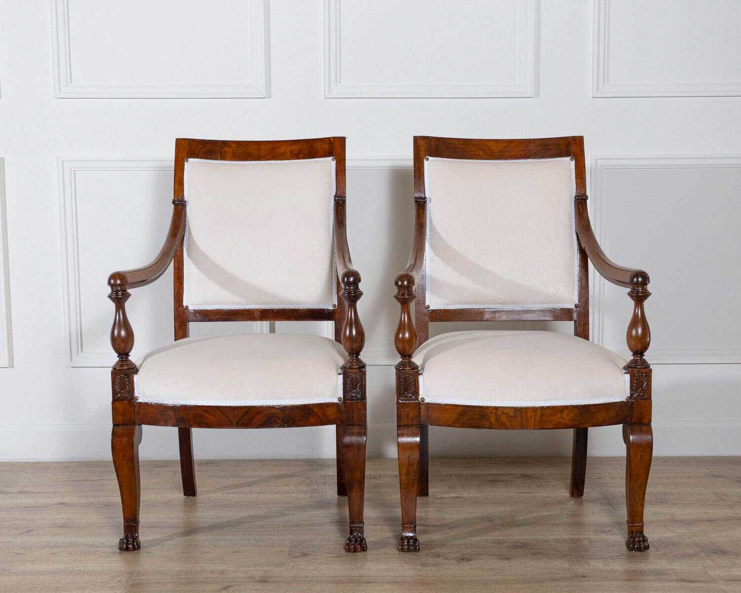 Pair of Italian Empire Armchairs in Mahogany with White Velvet Upholstery, Genoa 19th Century - JAA