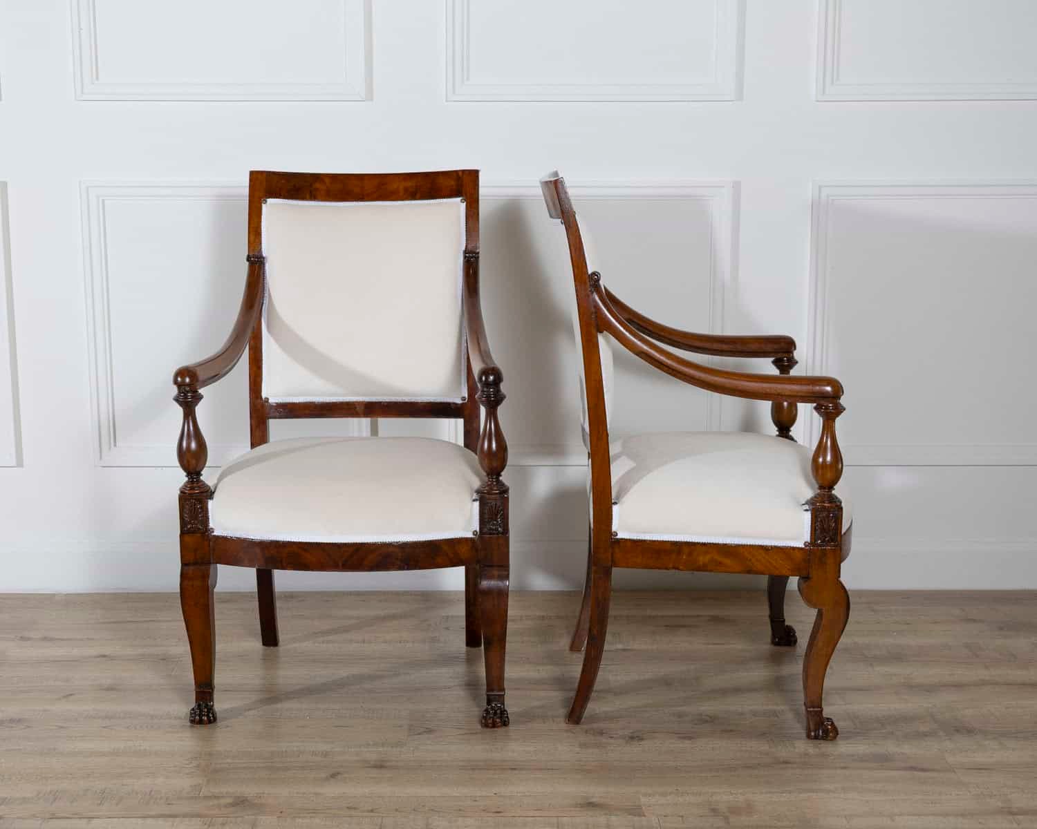 Pair of Italian Empire Armchairs in Mahogany with White Velvet Upholstery, Genoa 19th Century - JAA