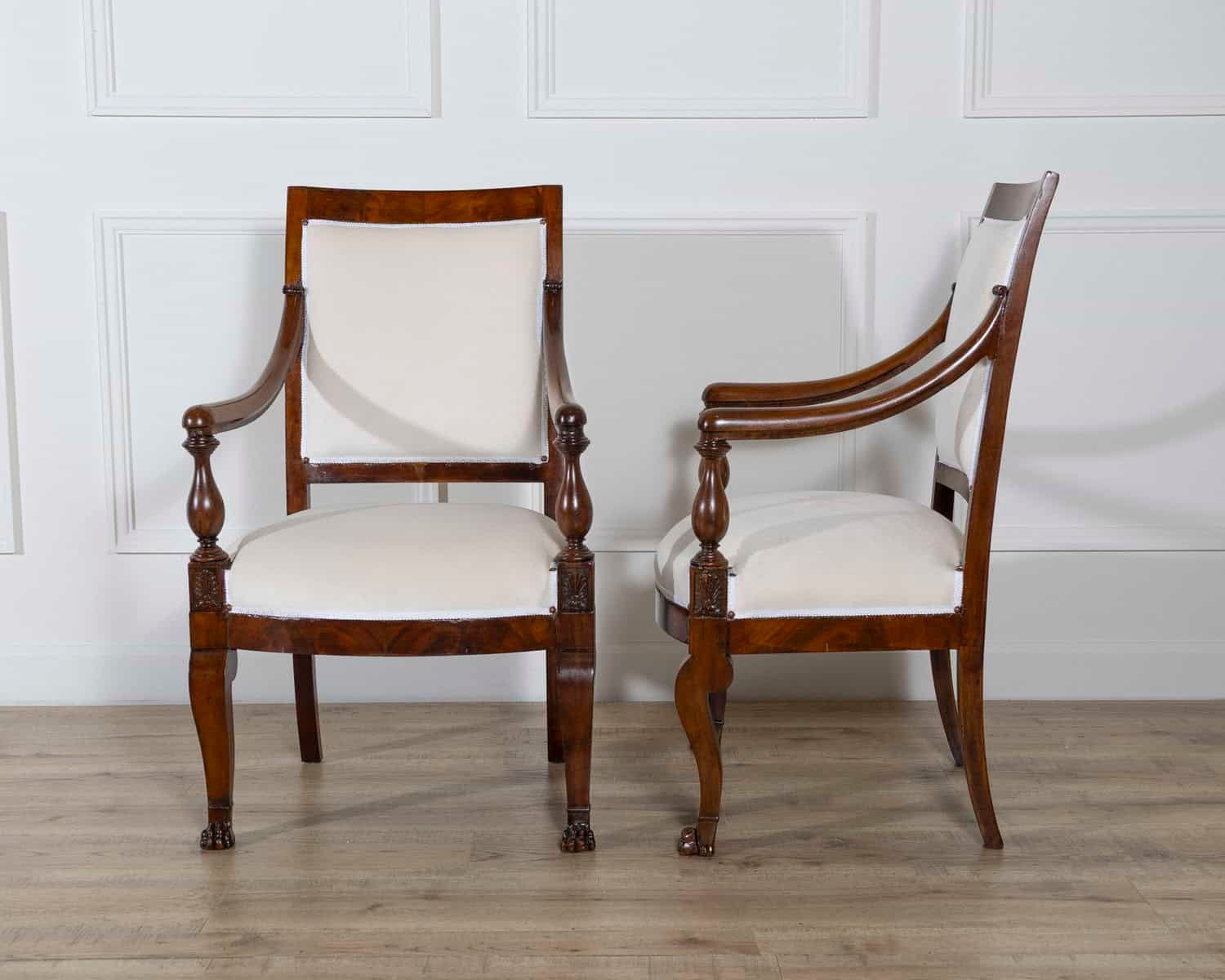 Pair of Italian Empire Armchairs in Mahogany with White Velvet Upholstery, Genoa 19th Century - JAA