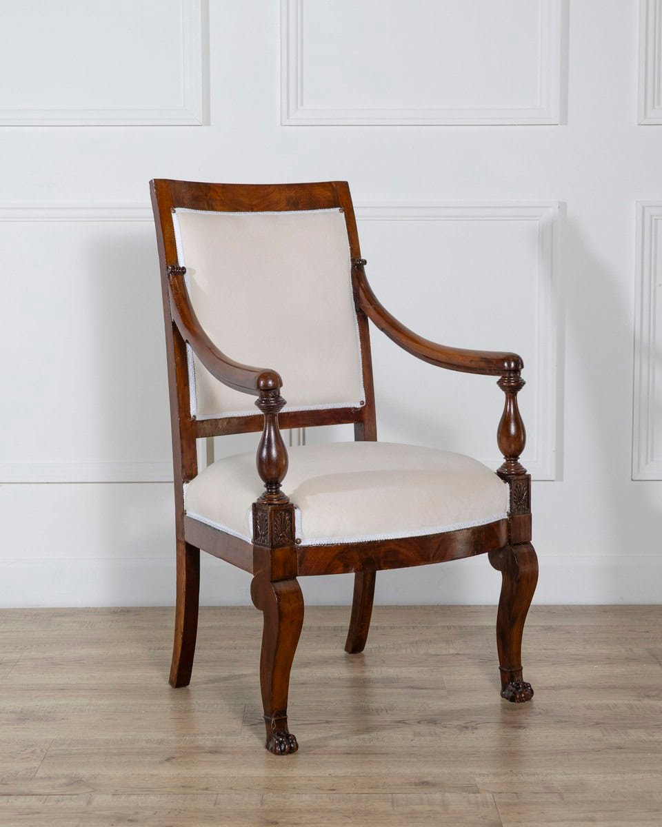 Pair of Italian Empire Armchairs in Mahogany with White Velvet Upholstery, Genoa 19th Century - JAA