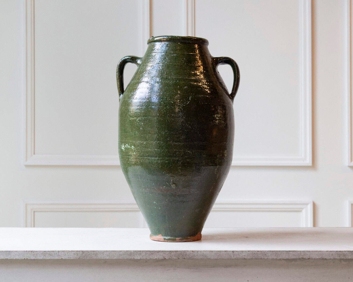 19th Century Mediterranean Olive Green Terracotta Jar with Double Handles - JAA