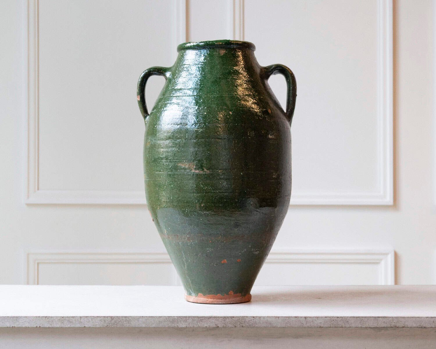 19th Century Mediterranean Olive Green Terracotta Jar with Double Handles - JAA