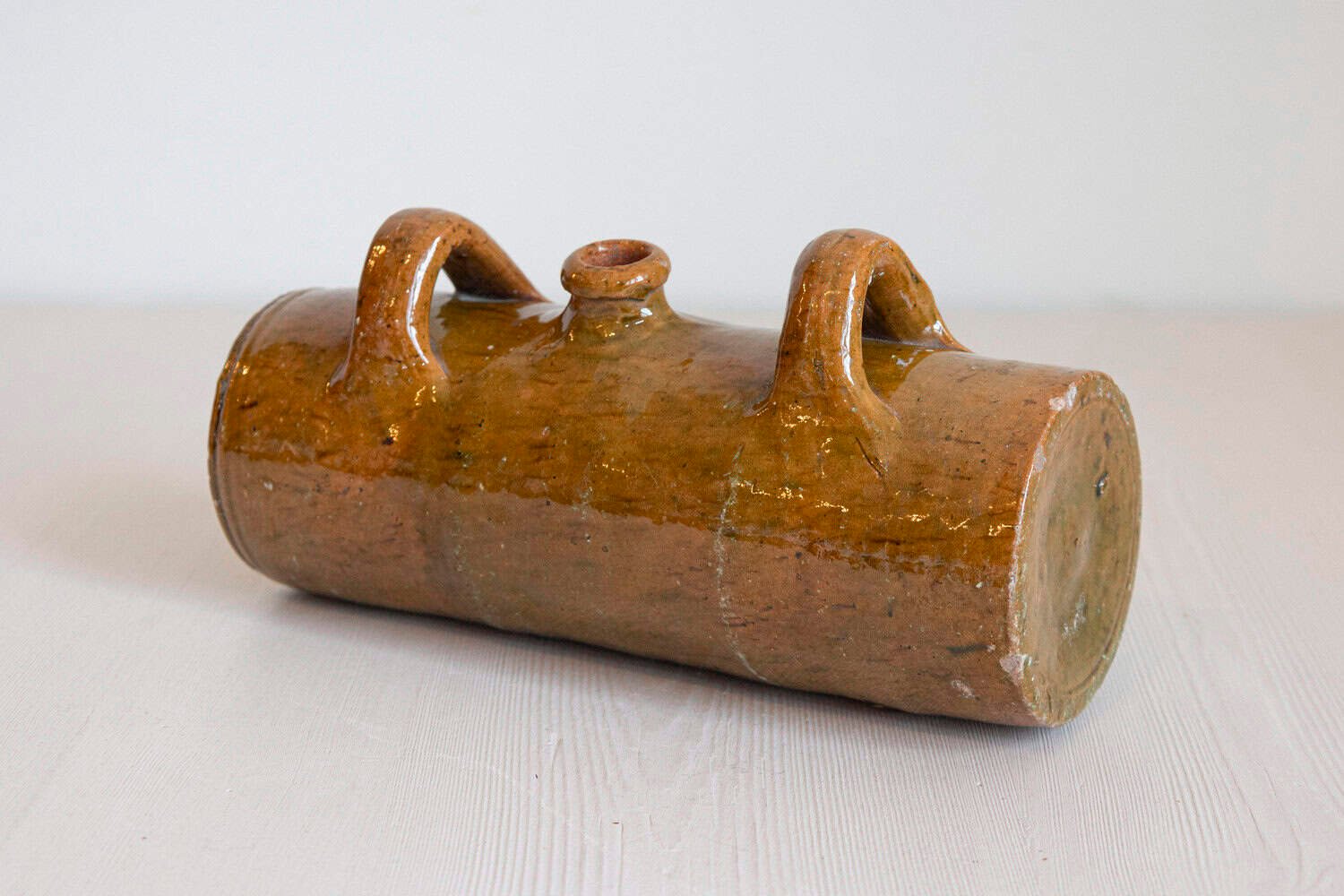 French Glazed Pottery Bouillotte Hot Water Bottle with Two Handles from Normandy - JAA