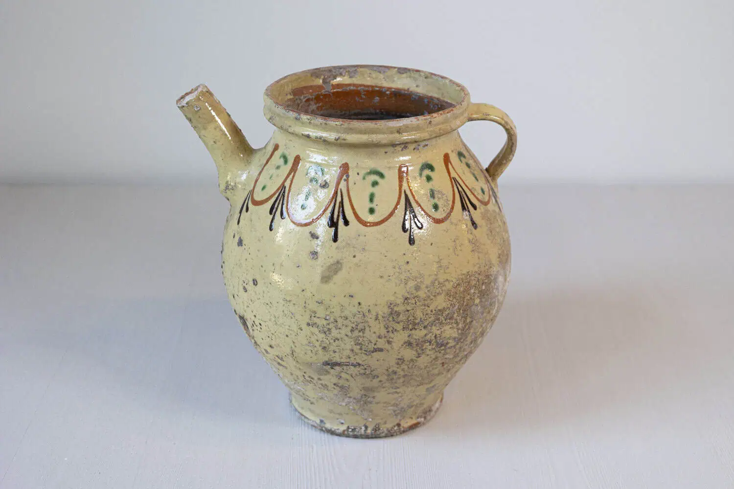 French 19th Century Rustic Glazed Pottery Olive Oil Pot with Polychrome Motifs - JAA