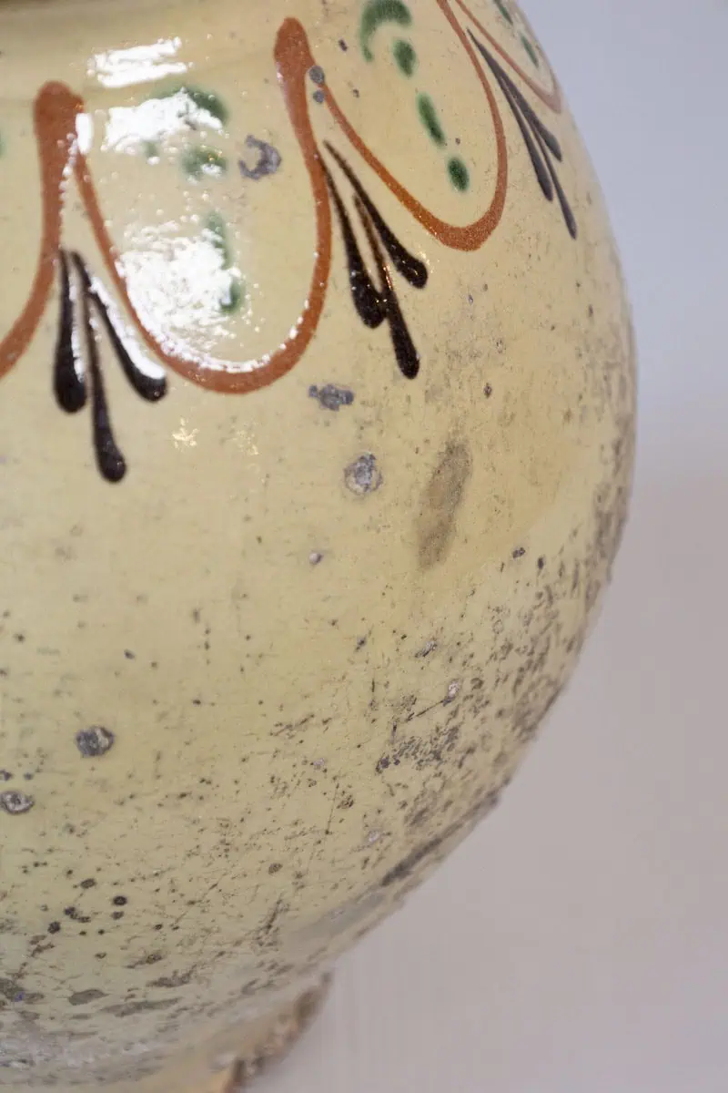 French 19th Century Rustic Glazed Pottery Olive Oil Pot with Polychrome Motifs - JAA