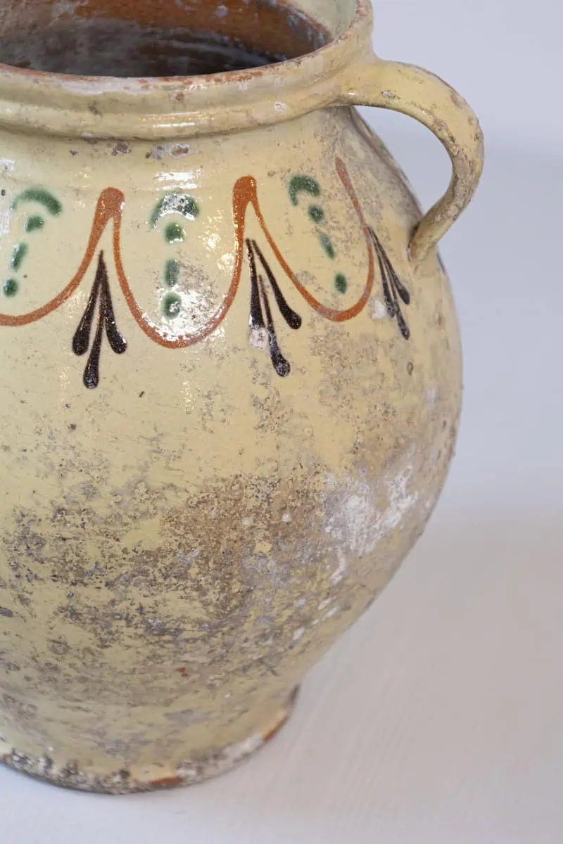 French 19th Century Rustic Glazed Pottery Olive Oil Pot with Polychrome Motifs - JAA