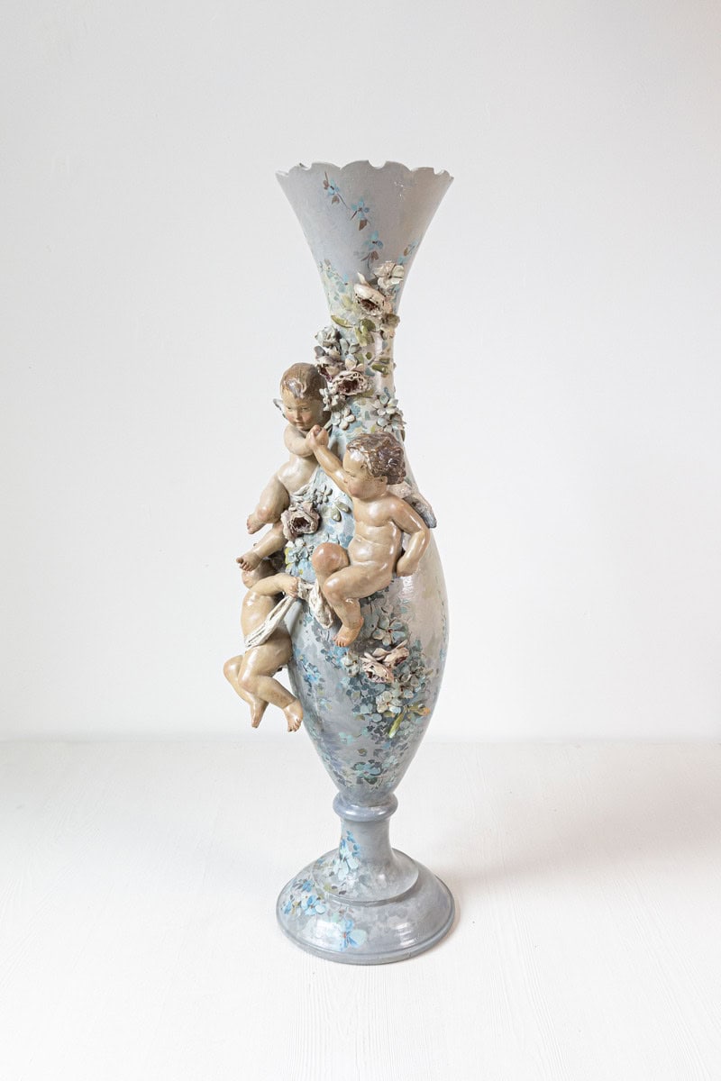 40% OFF at Checkout. French 1870s Slender Majolica Vase with Floral Décor and High-Relief Cherubs - JAA