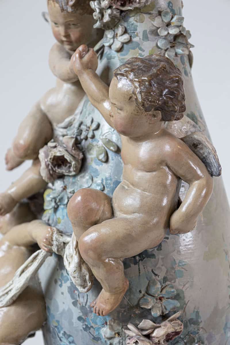 40% OFF at Checkout. French 1870s Slender Majolica Vase with Floral Décor and High-Relief Cherubs - JAA