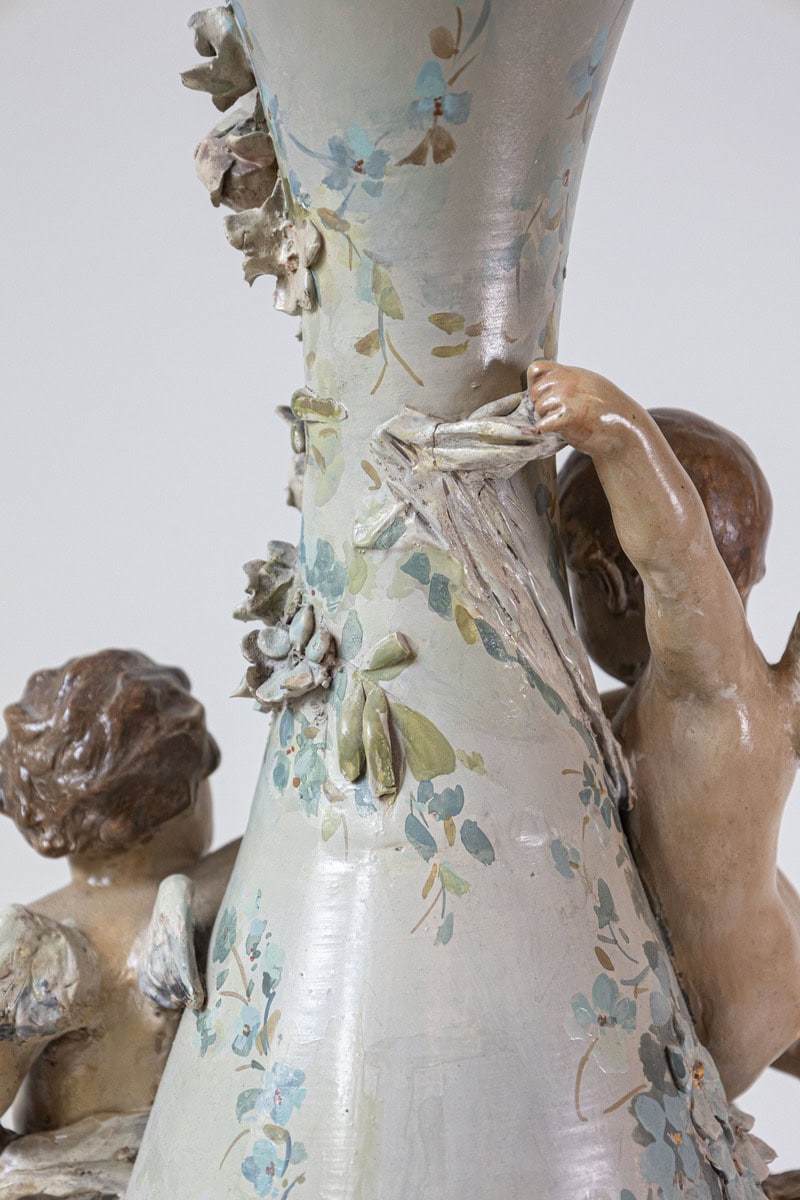 40% OFF at Checkout. French 1870s Slender Majolica Vase with Floral Décor and High-Relief Cherubs - JAA