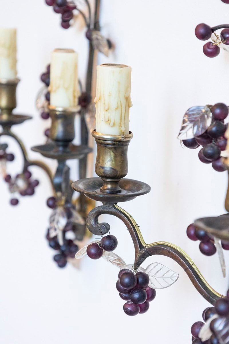 Pair of 19th Century French Grape and Crystal Wall Sconces - JAA
