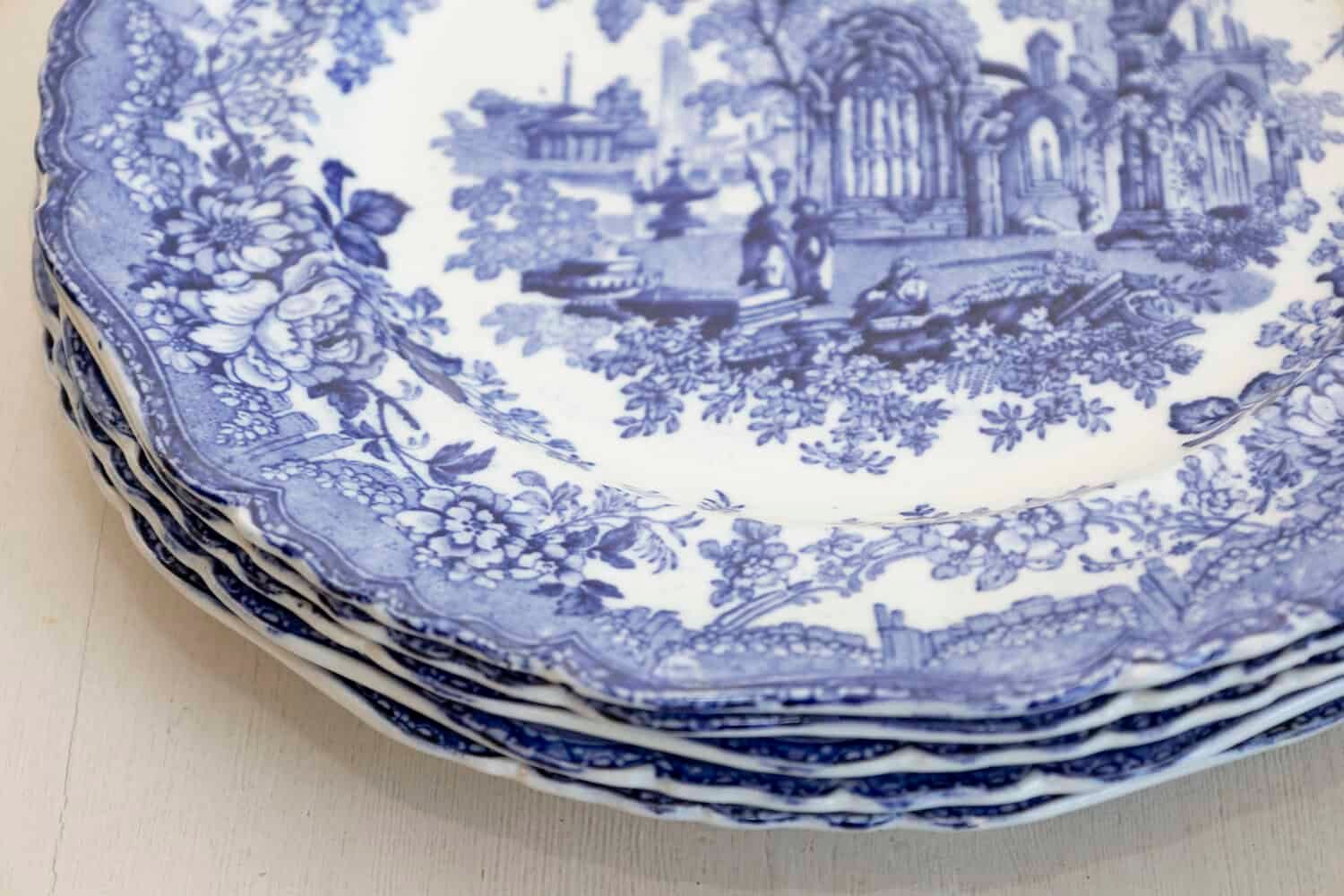 English Blue and White Transfer Plates with Gothic Ruins Motifs, 19th Century - JAA