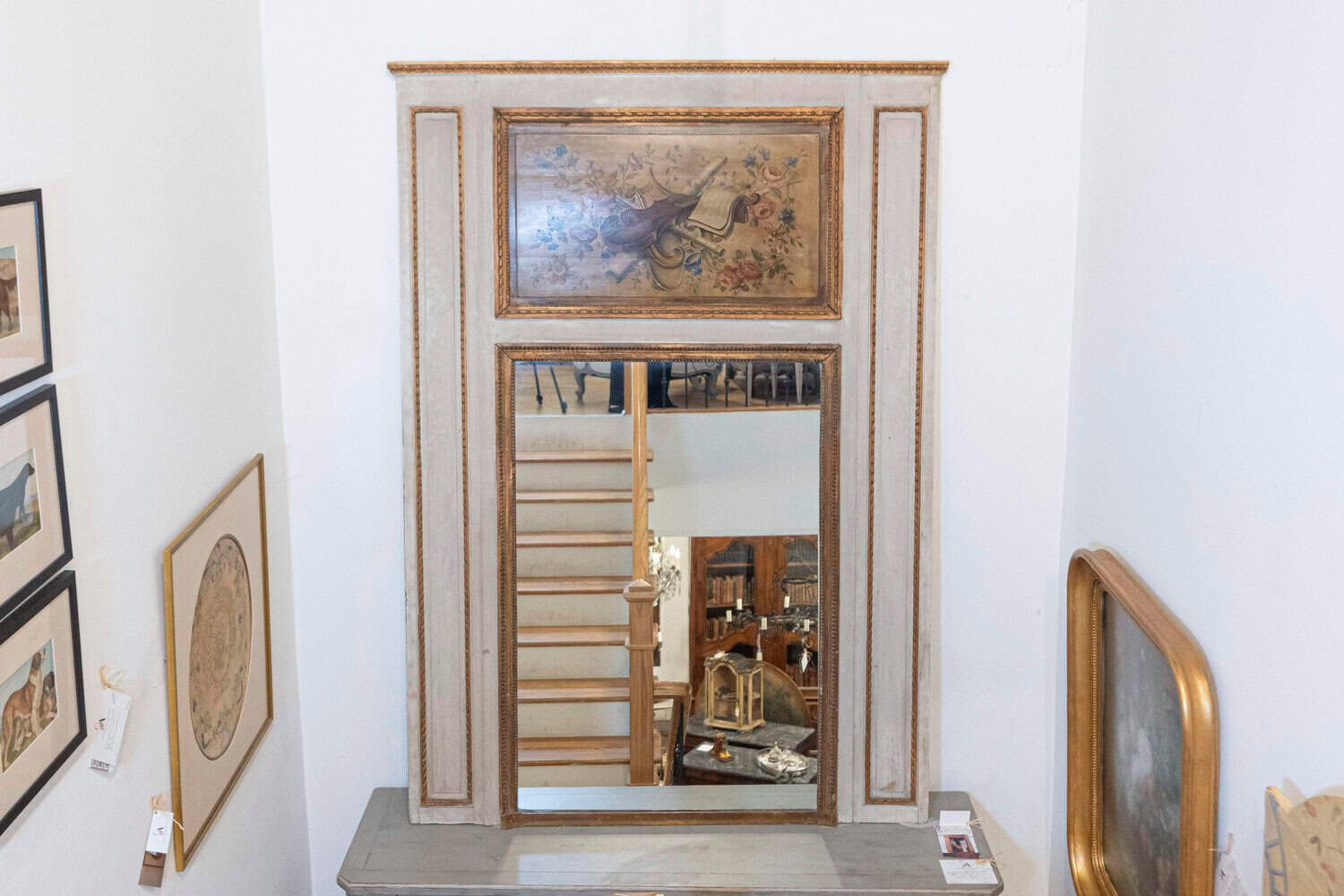 40% OFF at checkout. Parisian Louis XVI Style 1860s Trumeau Mirror with Painted Musical Instruments - JAA