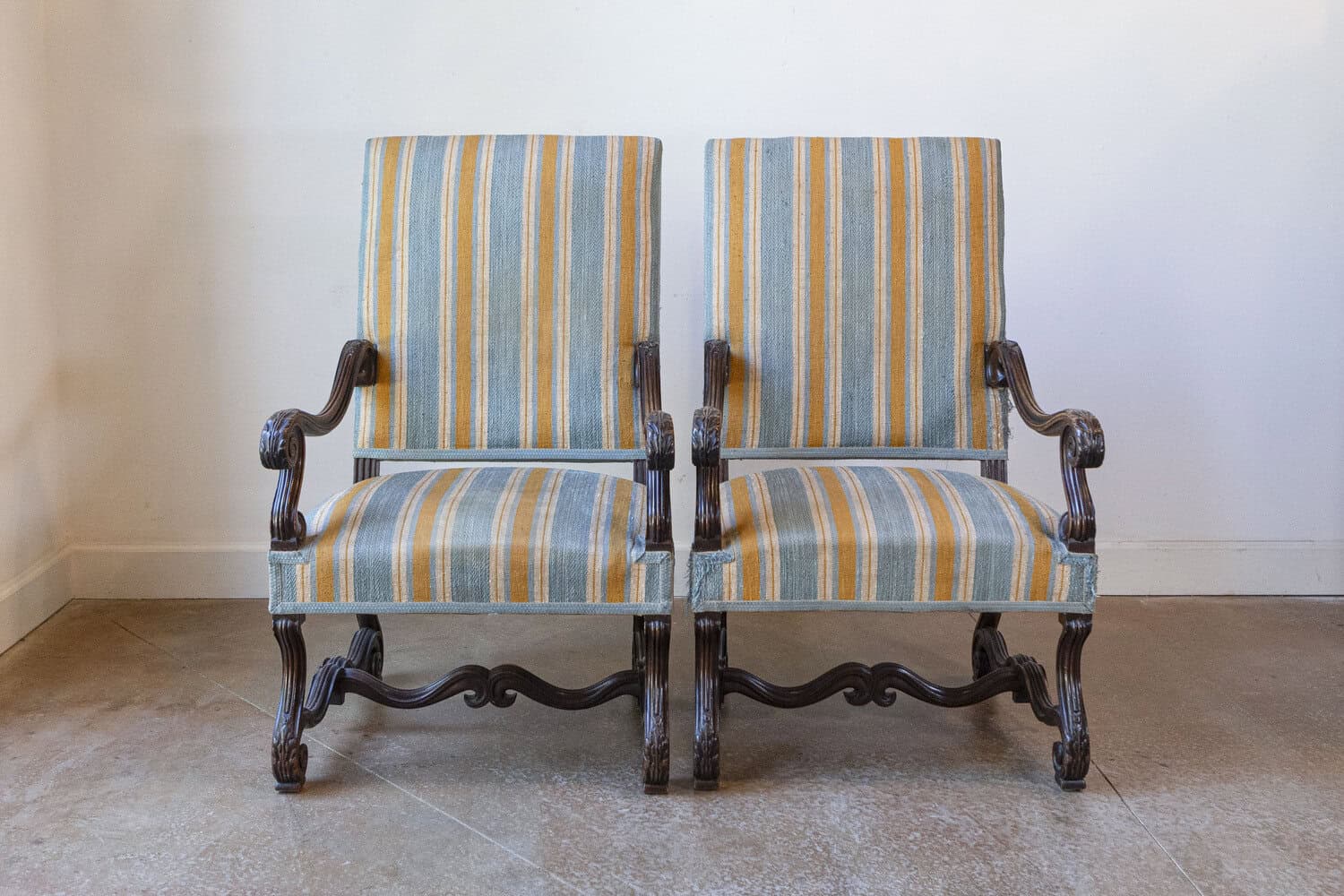 Louis XIII Style 19th Century French Os de Mouton Walnut Armchairs, a Pair - JAA