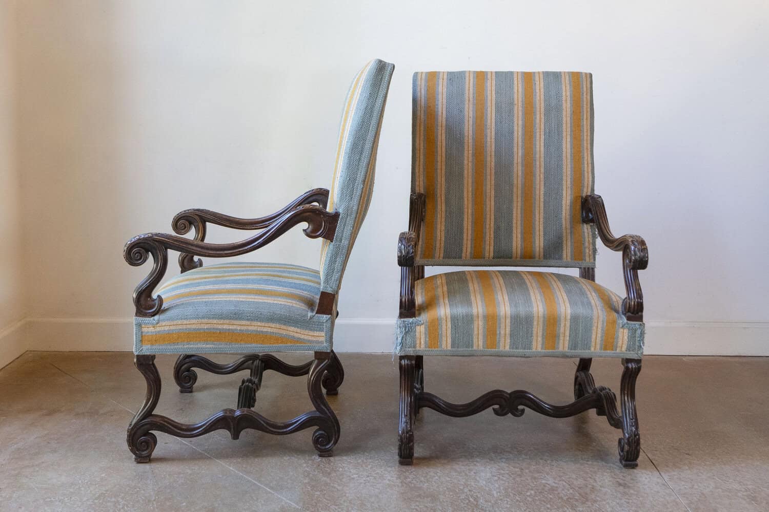 Louis XIII Style 19th Century French Os de Mouton Walnut Armchairs, a Pair - JAA
