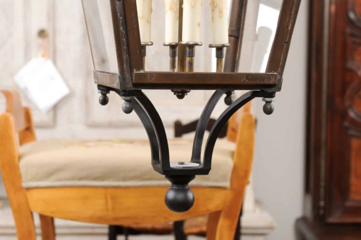 French Four-Light Glass and Copper US Wired Lanterns with Patina, Sold Each - JAA