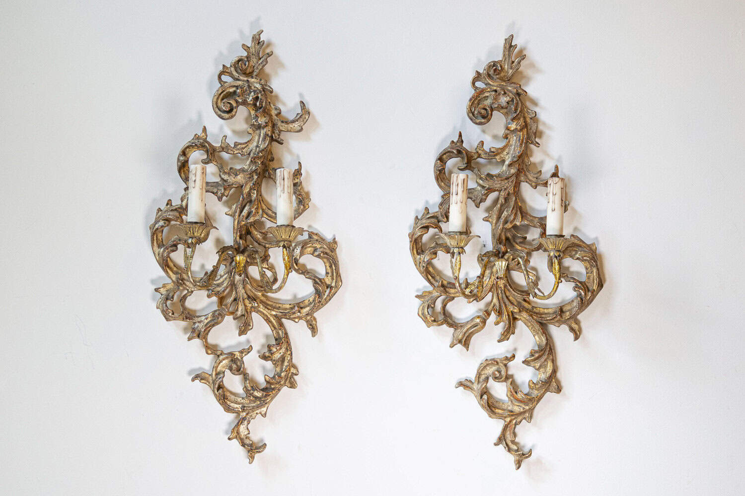 Pair of French 1850s Rococo Revival Giltwood Two-Light Sconces - JAA