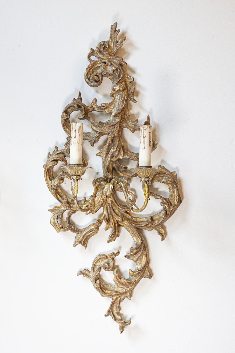 Pair of French 1850s Rococo Revival Giltwood Two-Light Sconces - JAA
