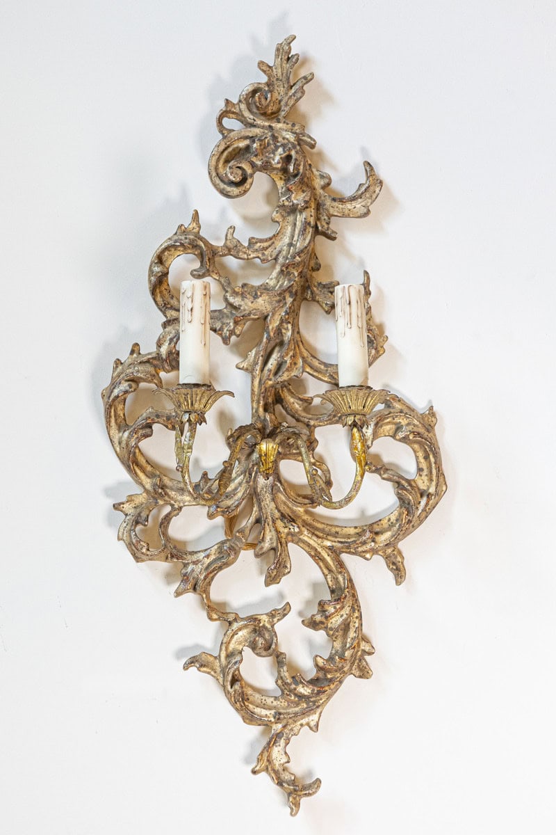 Pair of French 1850s Rococo Revival Giltwood Two-Light Sconces - JAA