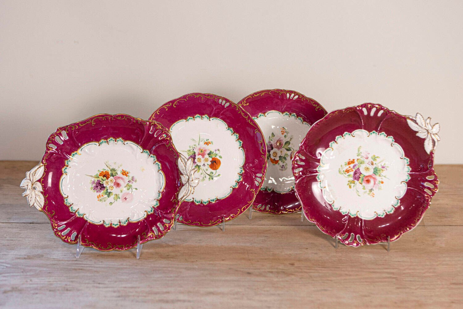 English 1850s Copeland Red Border Plates and Compotes with Bouquets of Flowers - JAA