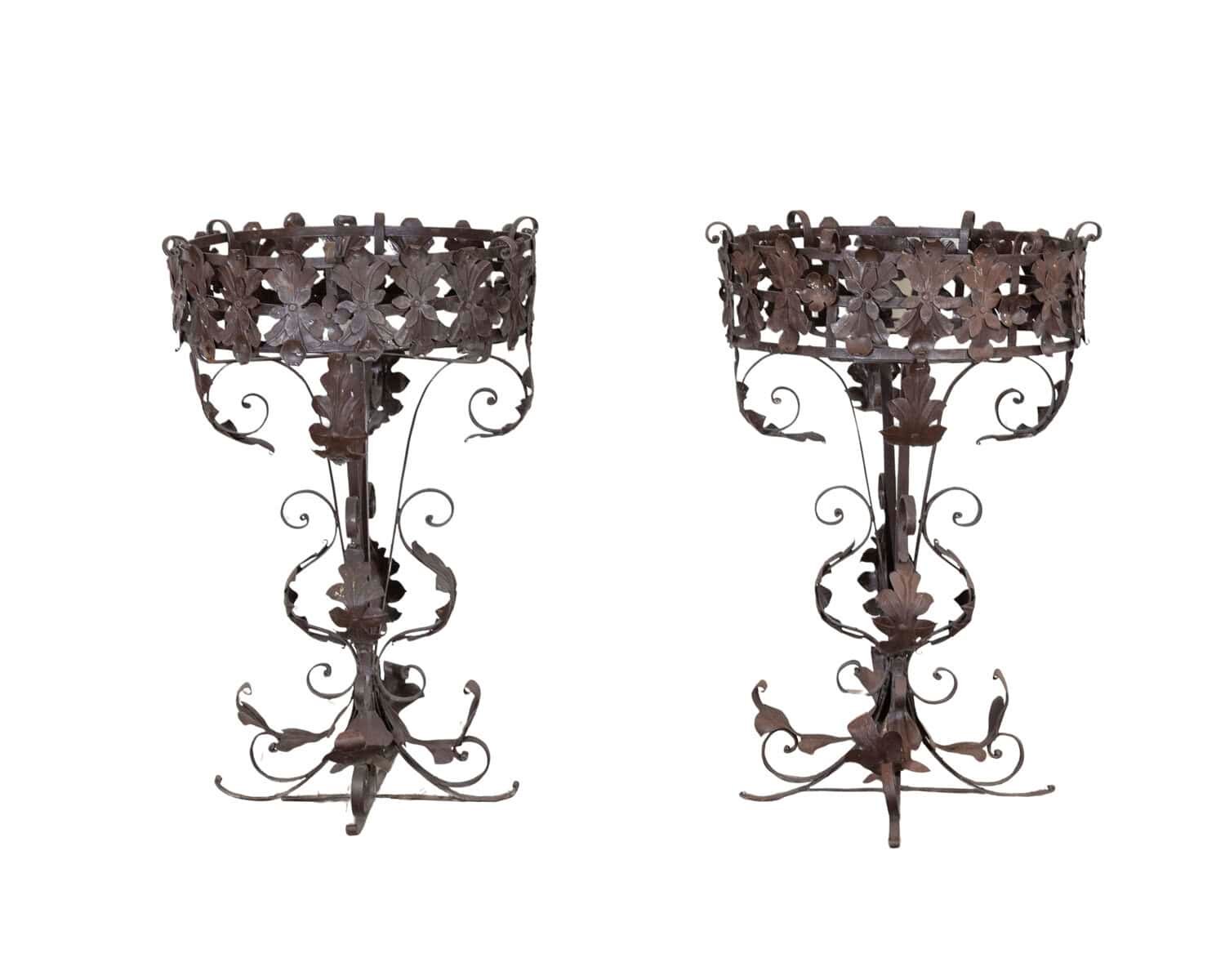 Pair of Louis XV-Style Wrought Iron Planters with Floral and Scrollwork Decoration