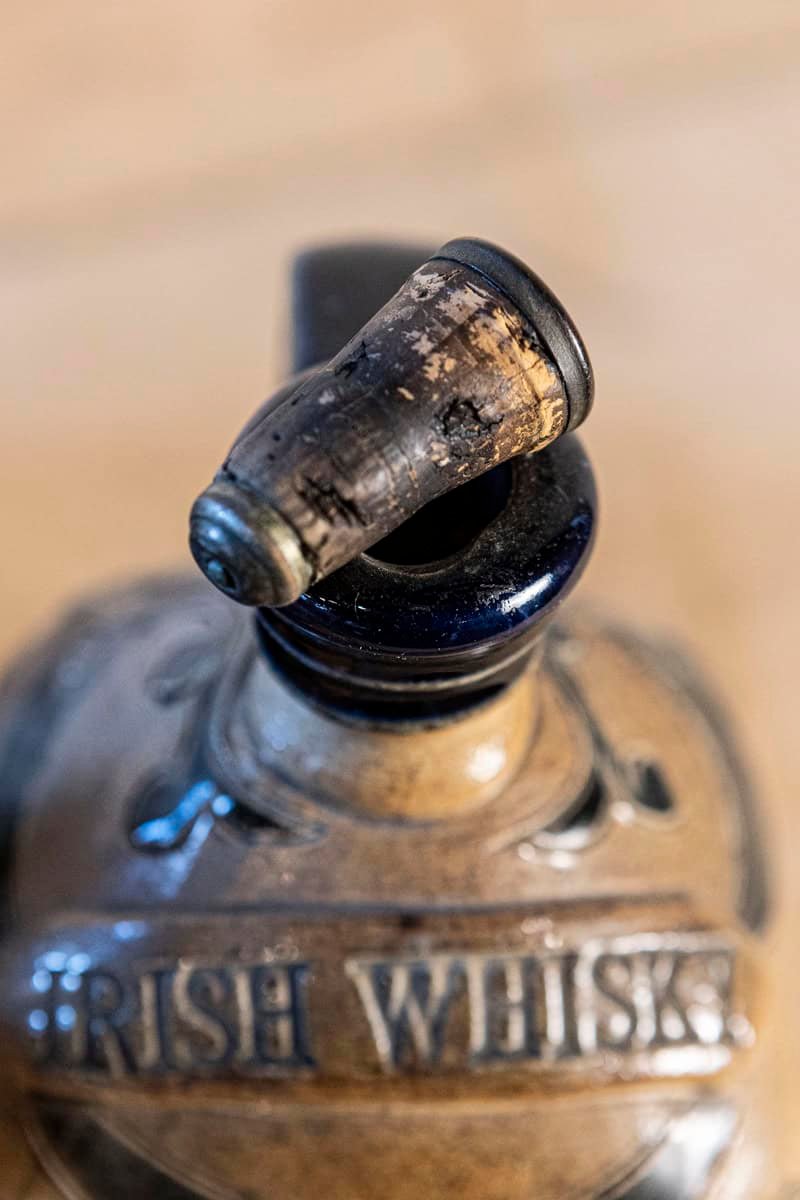 Two Victorian English Pottery Decanters in Tantalus-Inspired Wicker Basket - JAA