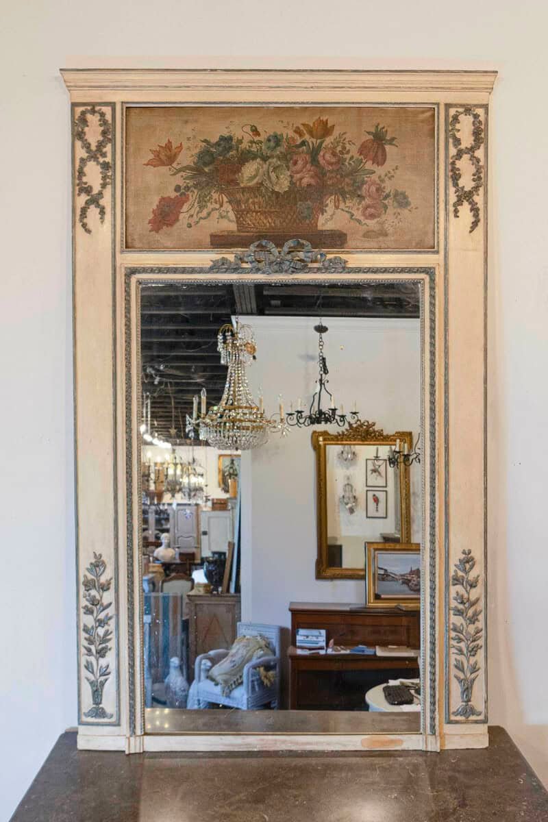 1810s French Louis XVI Style Painted and Gilt Trumeau Mirror with Floral Motifs - JAA
