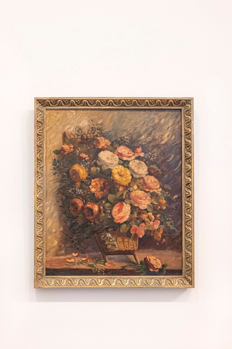 40% OFF at Checkout . French 19th Century Oil on Canvas Still-Life Painting Depicting Roses in Basket - JAA