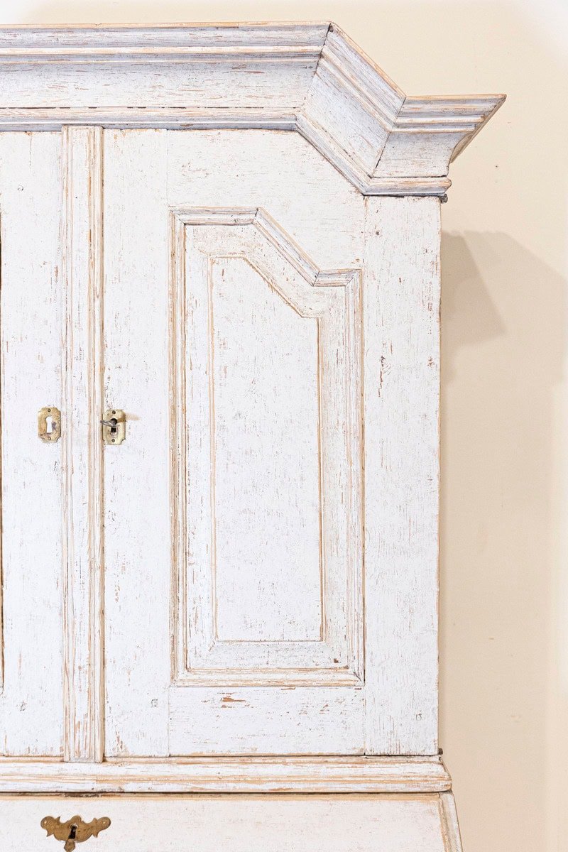 Swedish 1770s Baroque Light Gray Painted Secretary with Slant Front Desk - JAA