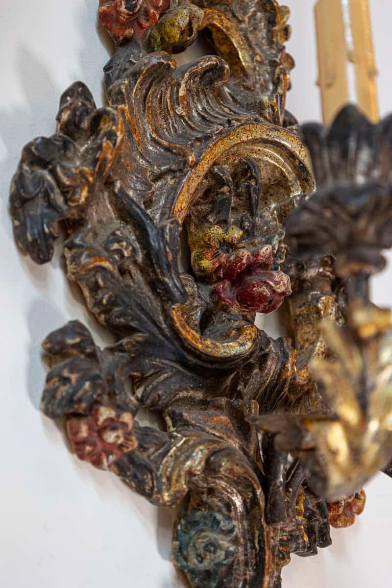 Pair of Italian Rococo Style Late 19th Century Carved and Painted Sconces - JAA