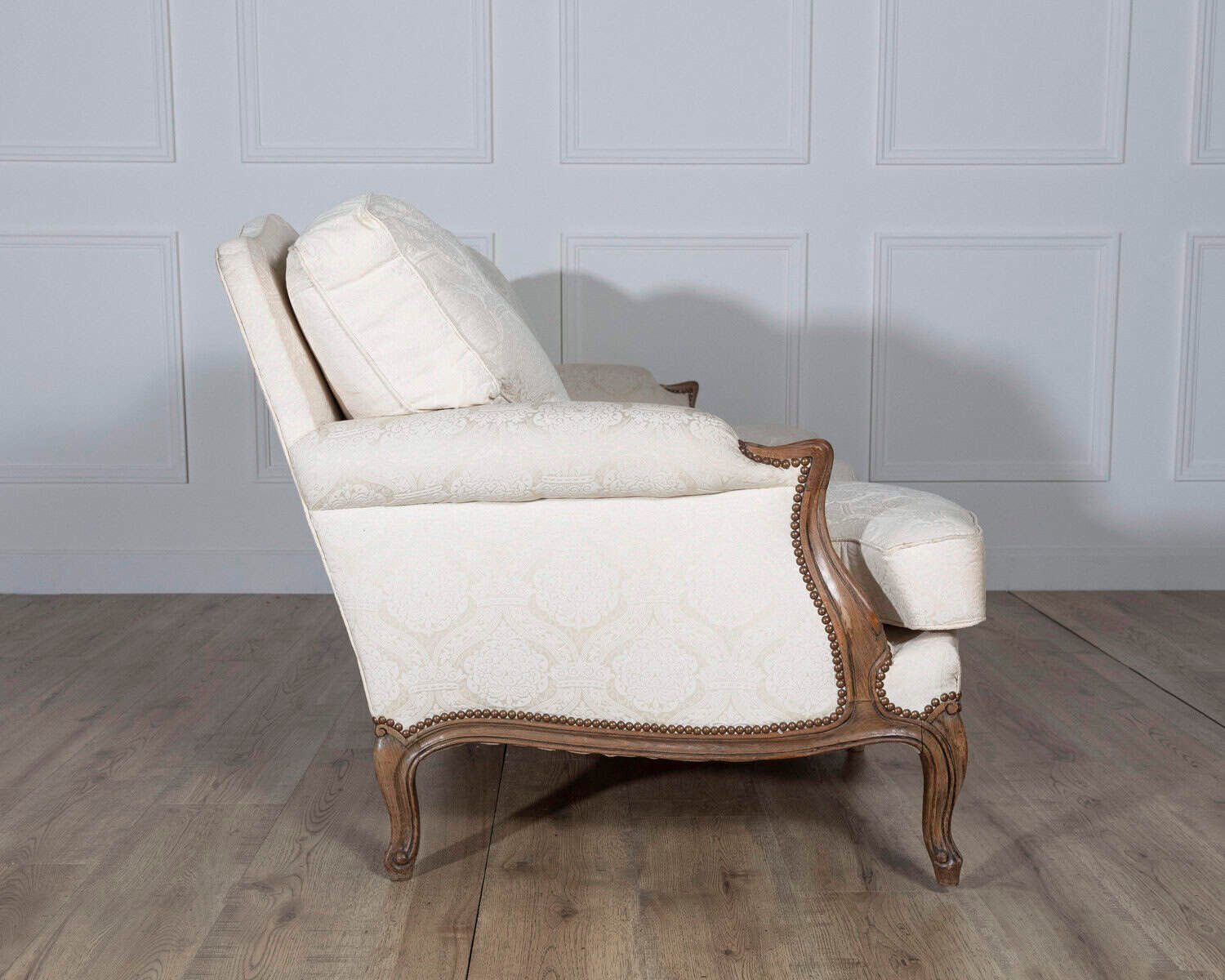 Louis XV Style Carved Walnut Sofa with Cream Damask Upholstery - JAA