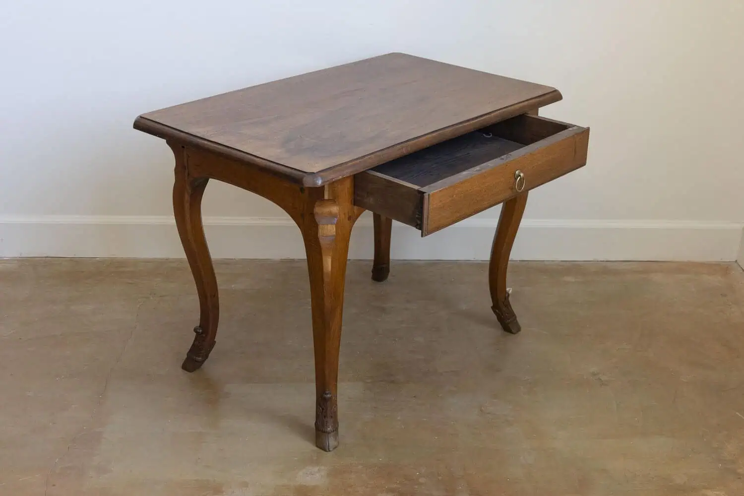 French 1860s Louis XV Style Walnut Side Table with Hoofed Feet and Single Drawer - JAA