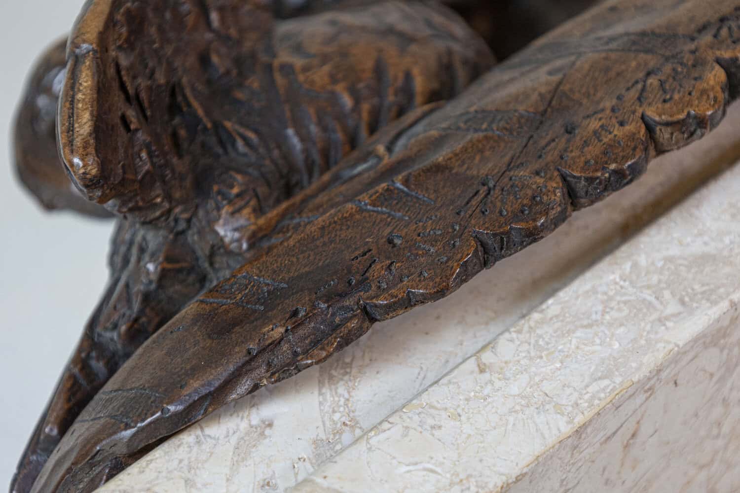 French 1880s Carved Walnut Putto Feeding a Swan Sculpted Group on Marble Base - JAA