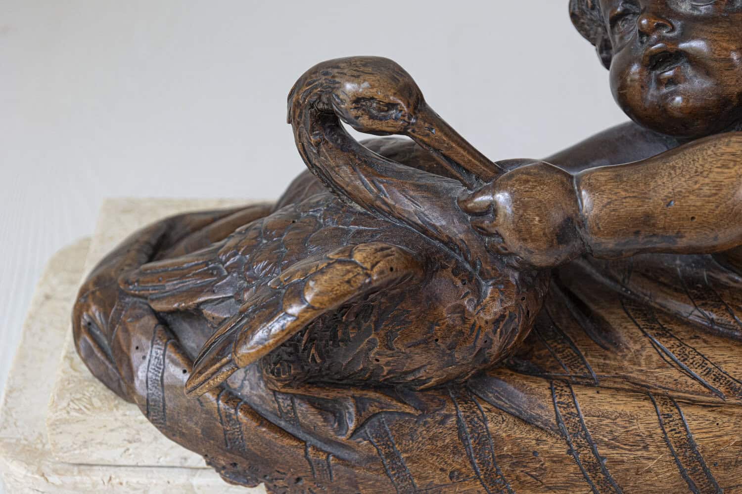 French 1880s Carved Walnut Putto Feeding a Swan Sculpted Group on Marble Base - JAA