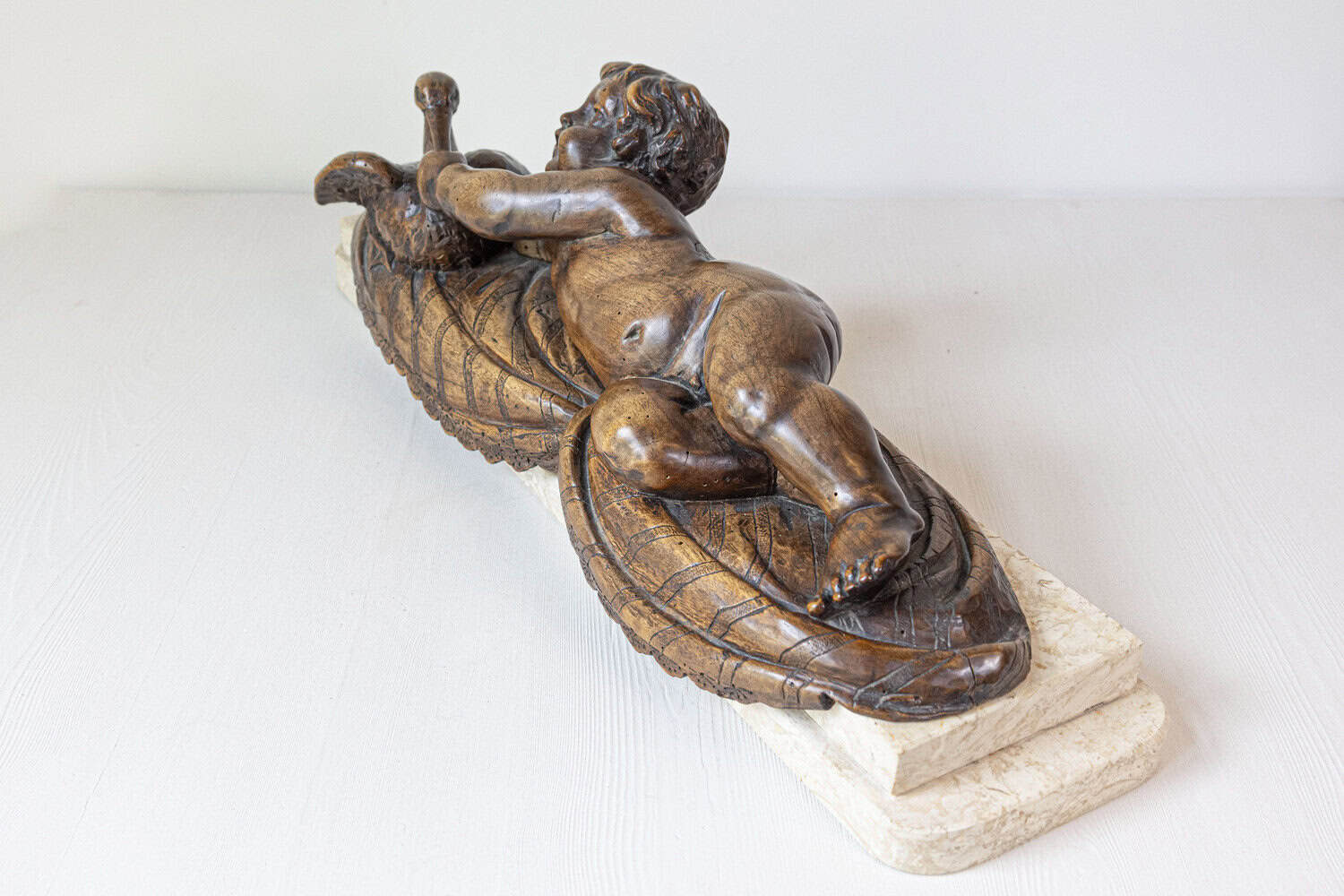 French 1880s Carved Walnut Putto Feeding a Swan Sculpted Group on Marble Base - JAA