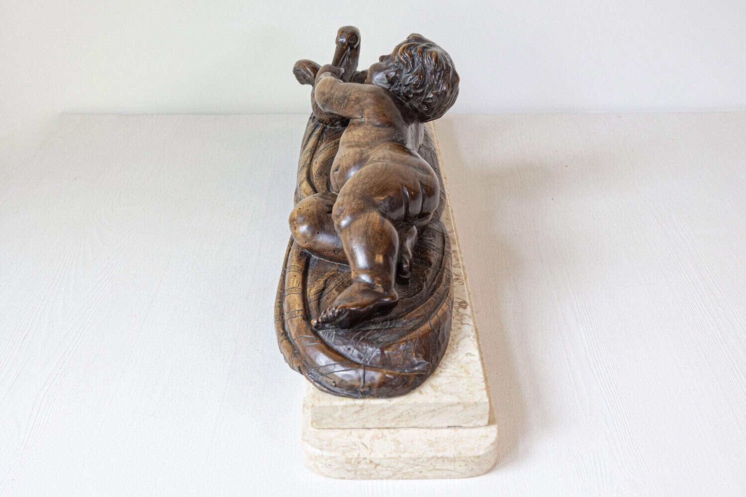 French 1880s Carved Walnut Putto Feeding a Swan Sculpted Group on Marble Base - JAA