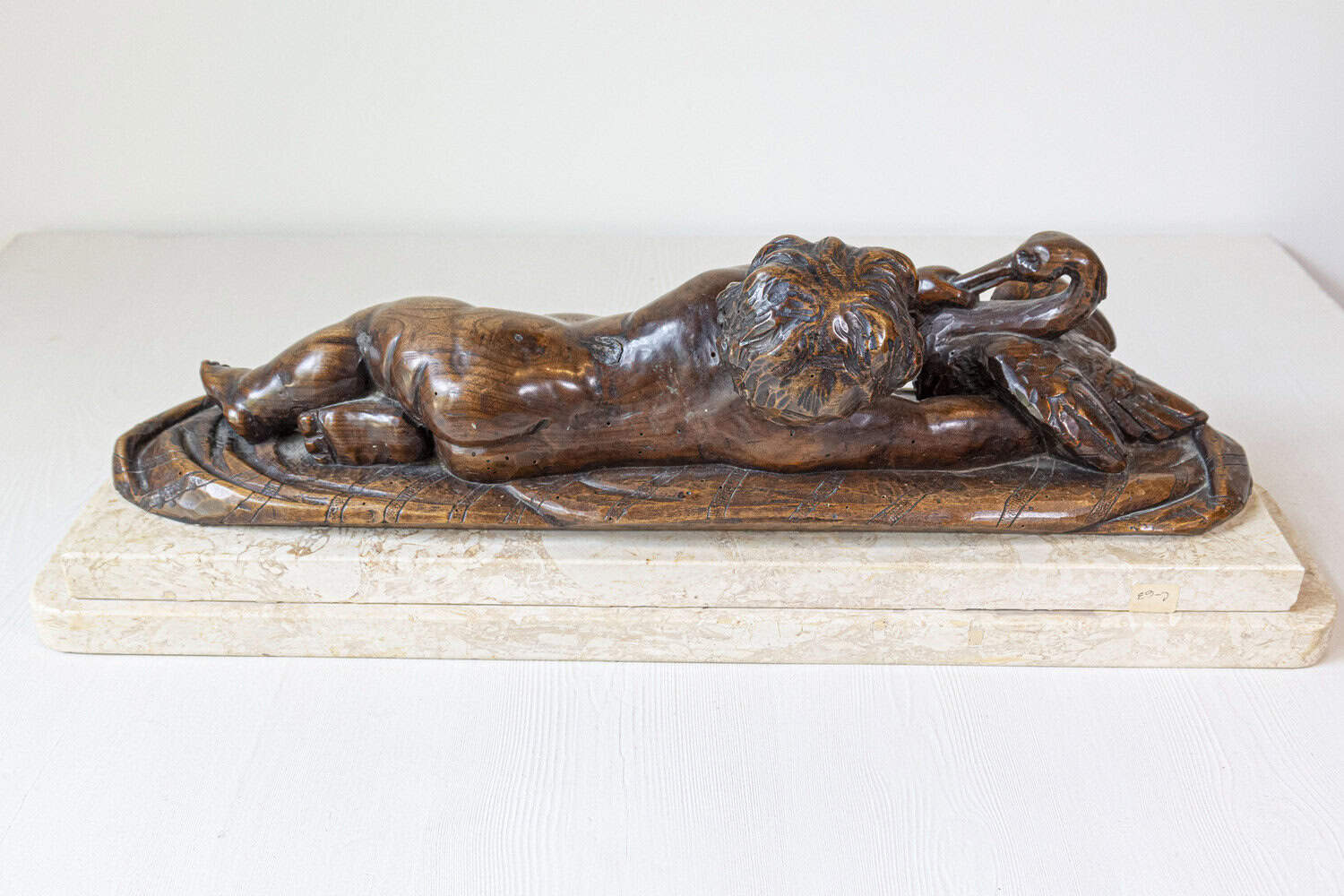 French 1880s Carved Walnut Putto Feeding a Swan Sculpted Group on Marble Base - JAA