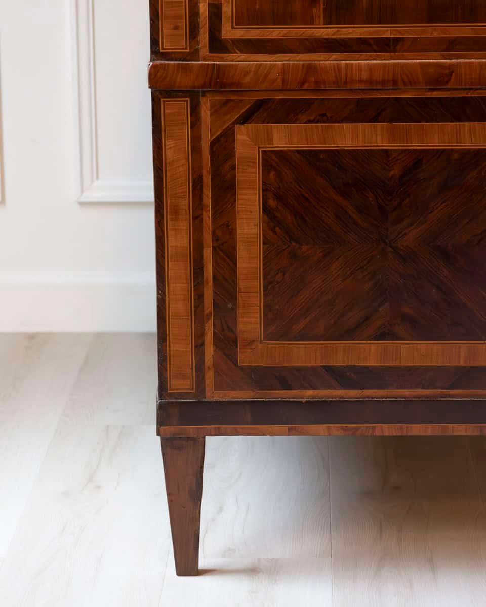Italian Louis XVI Marquetry Chest of Drawers with Gray Marble Top, 18th Century - JAA