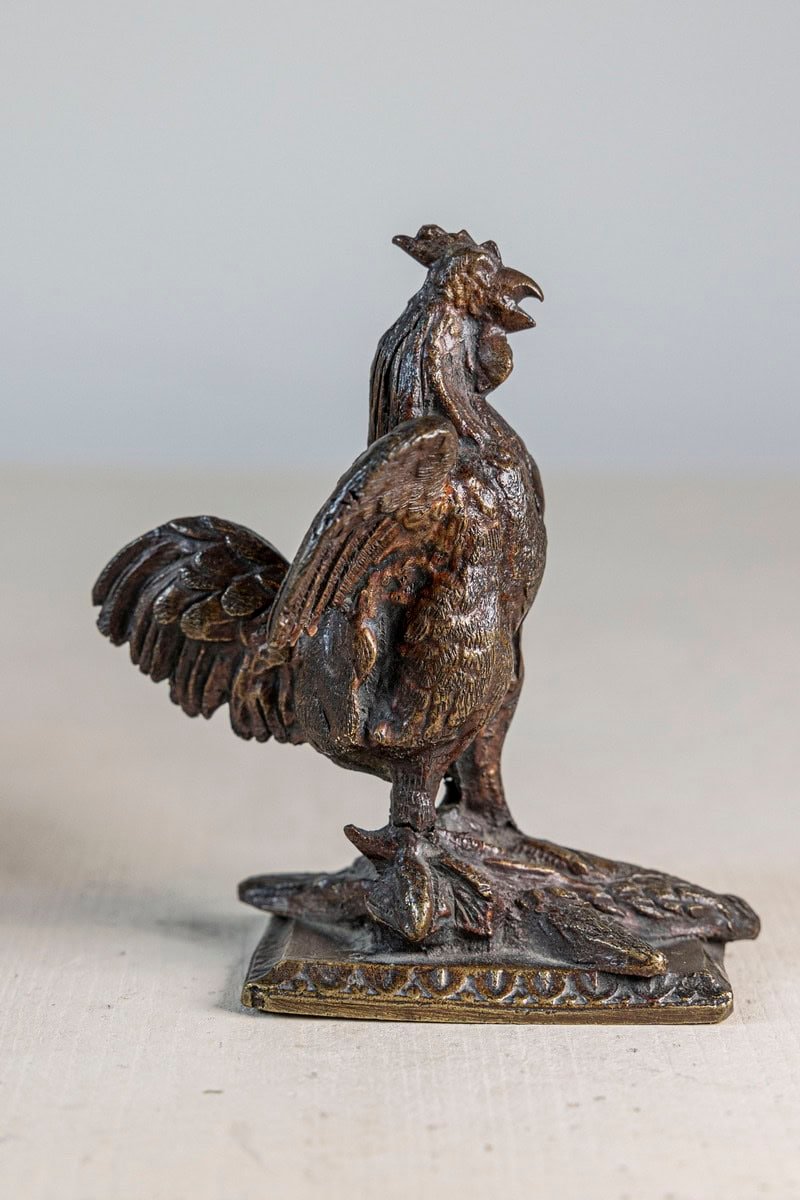 French Cast Bronze 19th Century Rooster Sculpture with Wings Extended Backwards - JAA