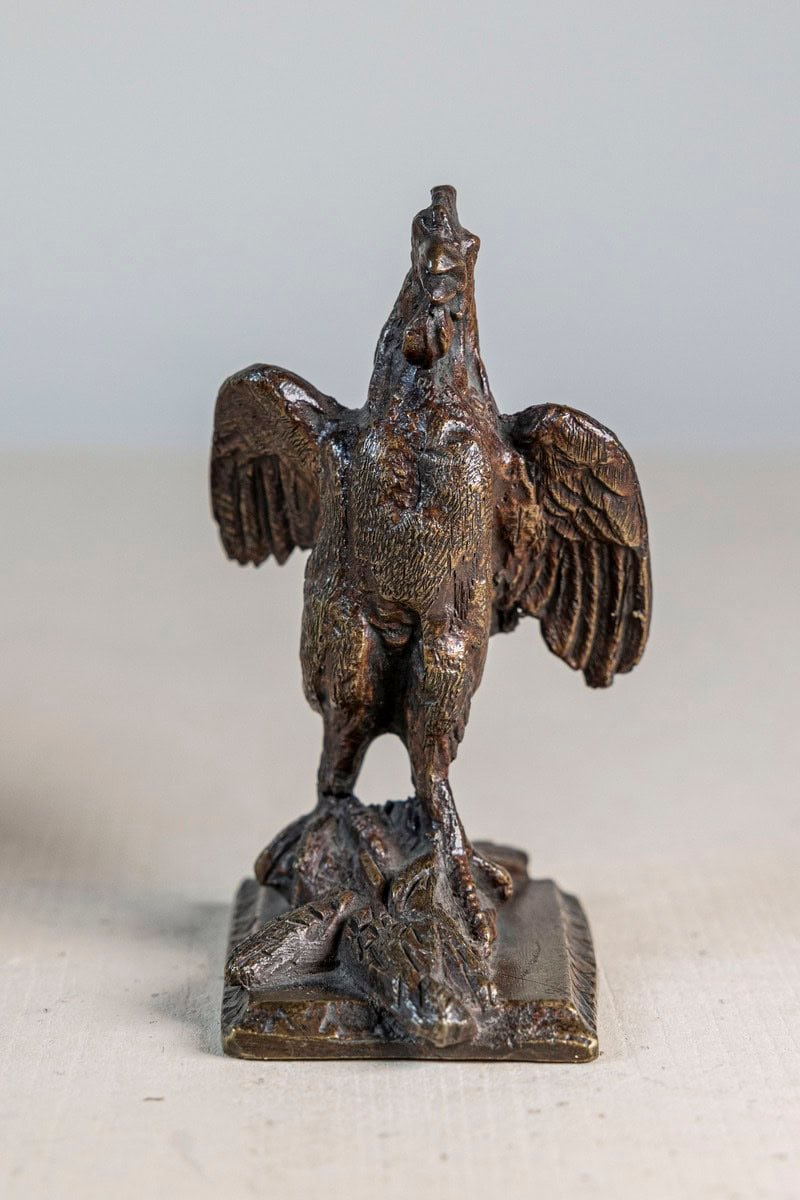 French Cast Bronze 19th Century Rooster Sculpture with Wings Extended Backwards - JAA