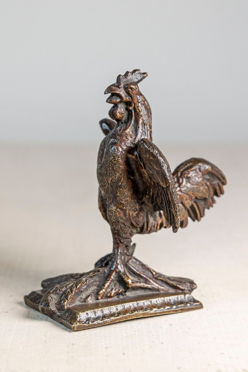 French Cast Bronze 19th Century Rooster Sculpture with Wings Extended Backwards - JAA