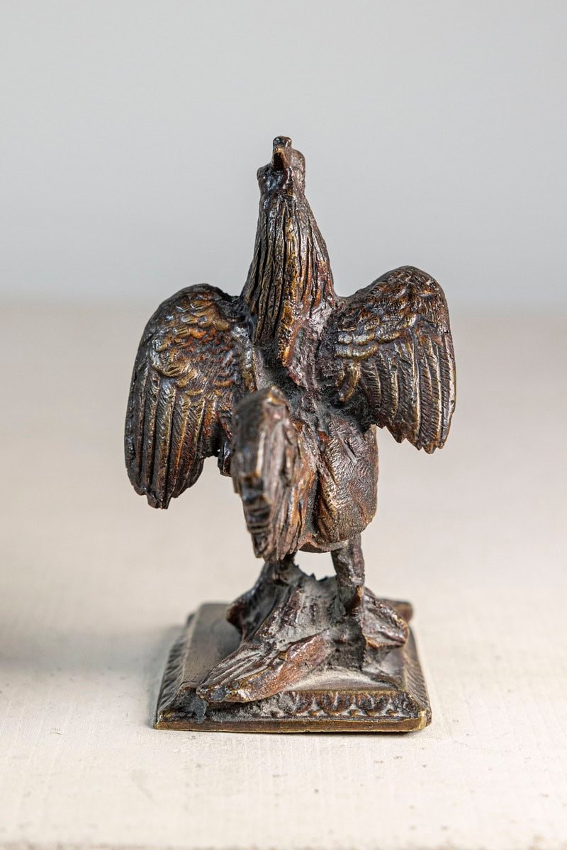 French Cast Bronze 19th Century Rooster Sculpture with Wings Extended Backwards - JAA